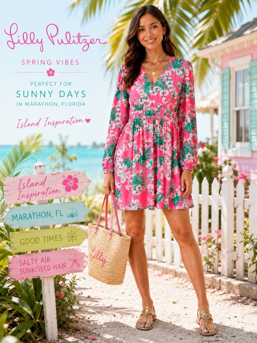 NWT Lilly Pulitzer Vibrant Pink Dress with Green Floral Pattern. Like New